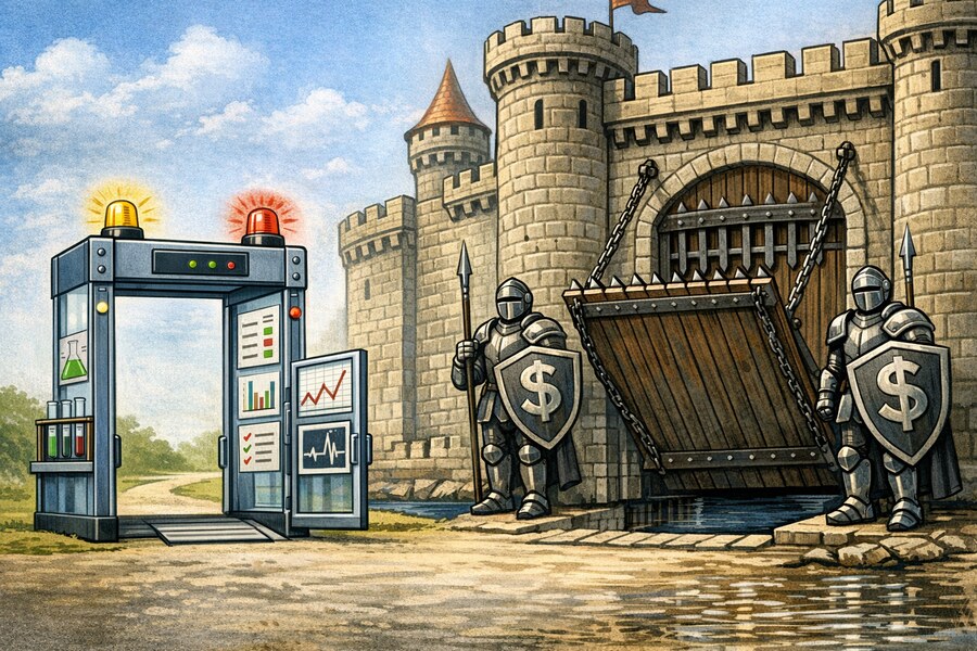 Editorial illustration showing a public safety gate beside a closed private castle gate with a raised drawbridge