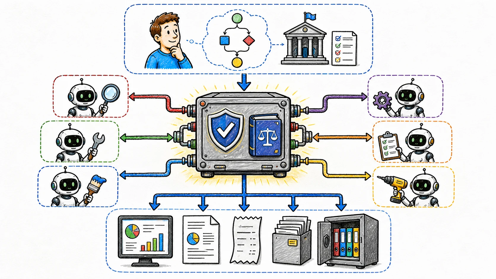 Hand-drawn architecture illustration with policy above a central authority hub, replaceable agents around it, and generated evidence and views below