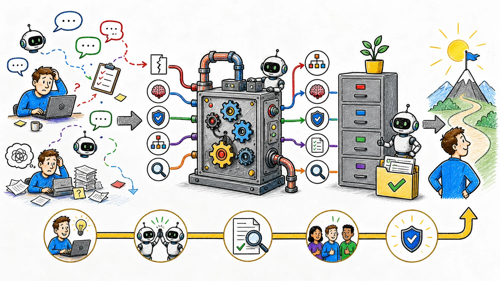 Hand-drawn illustration showing fragmented AI work becoming a governed, durable work system and a clear path to an achieved mission